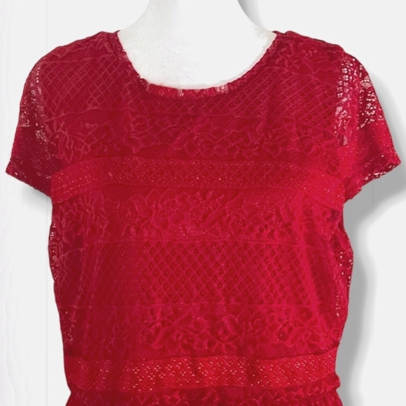 Alya Women's Red Floral Lace Short Sleeve Pleated A-Line Mini Dress Size Large - Picture 2 of 13